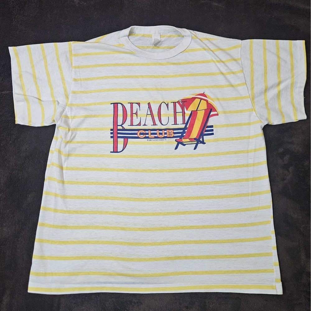 Vintage 80s Single Stitch Striped T Shirt Men's Large Beach Club Yellow/White